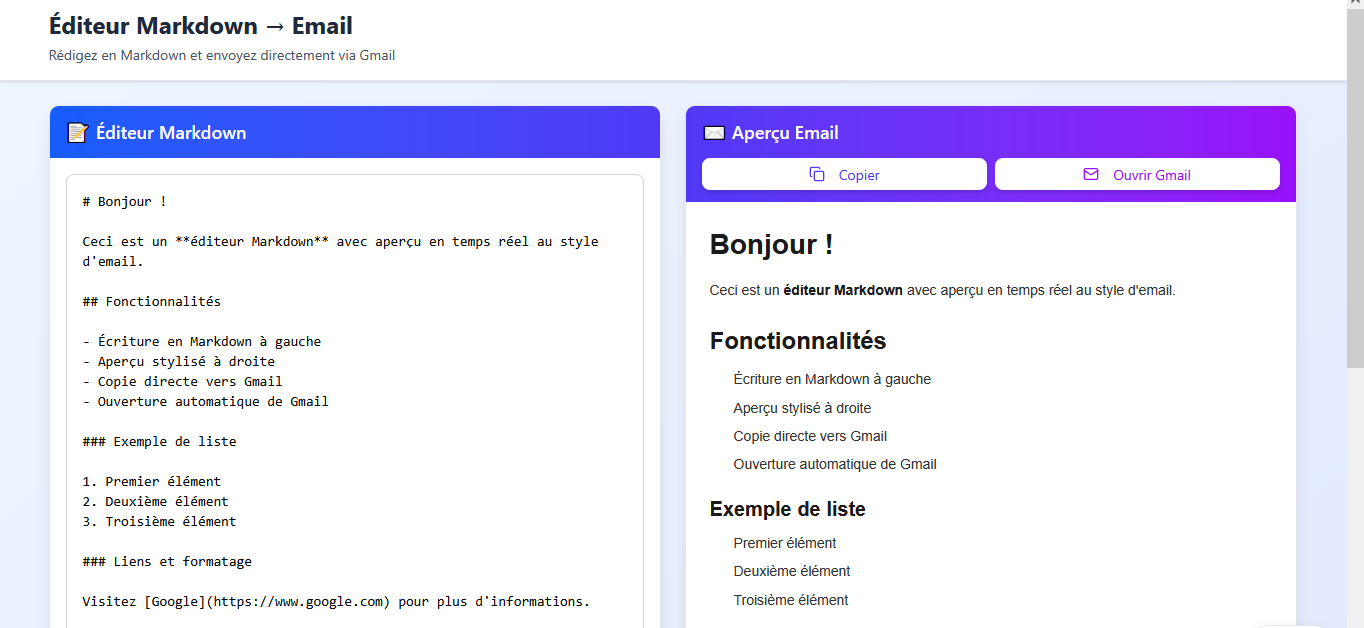 Éditeur Markdown → Email